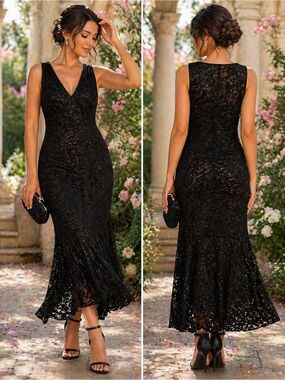 MARINA Black Lace Sleeveless Midi Dress